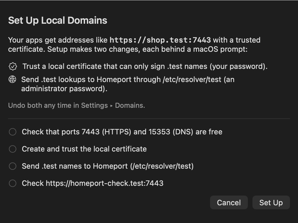 Homeport's Set Up Local Domains sheet, listing the two changes setup makes and its four steps.