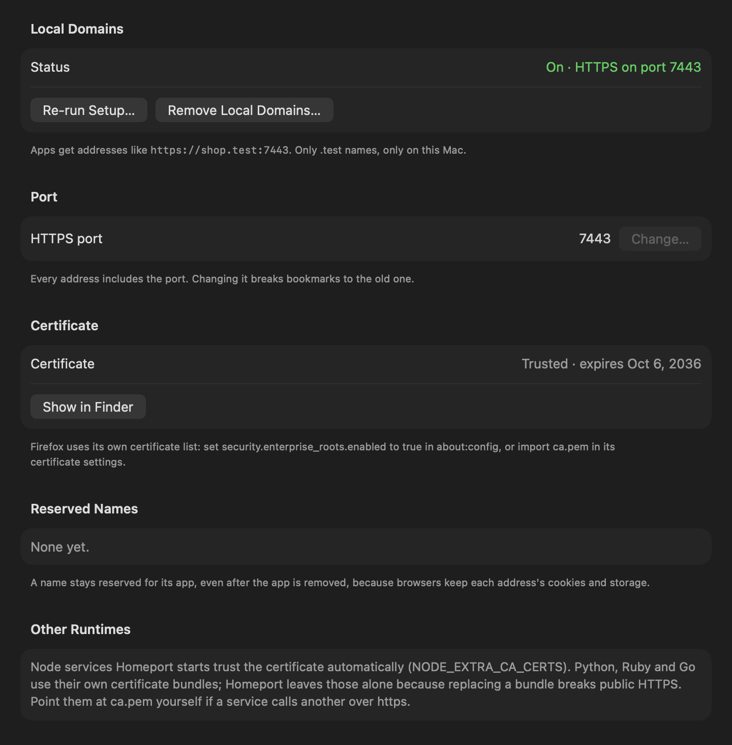 Homeport's Local Domains settings, showing local domains served over HTTPS on port 7443 and a trusted local certificate.
