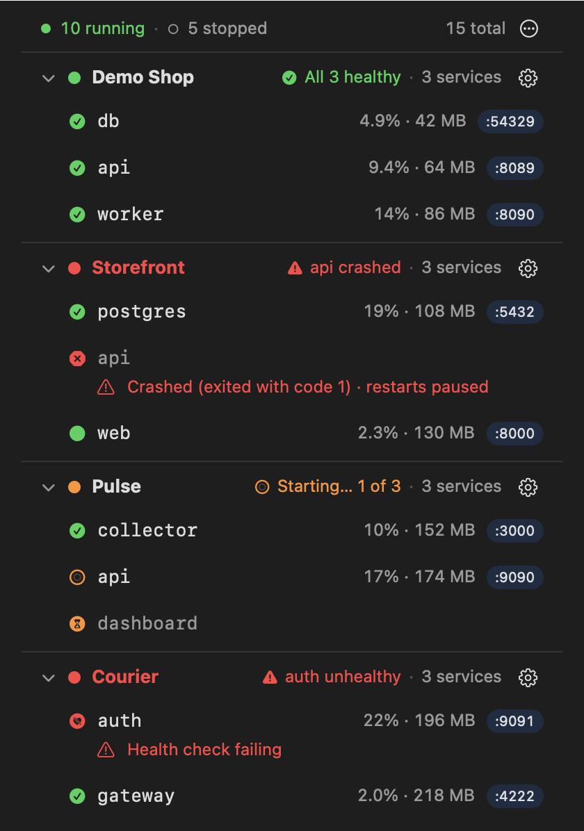 Homeport's menu bar window listing apps and services with their status and quick start and stop controls.