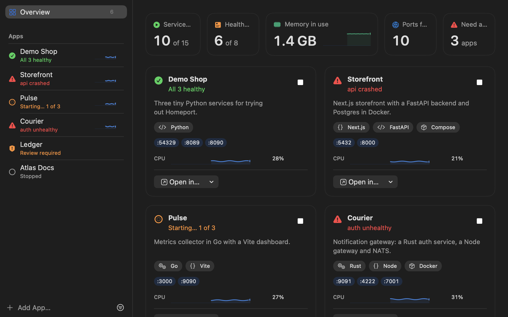 One Homeport window showing every service from the terminal tabs, grouped by app, each with its status.