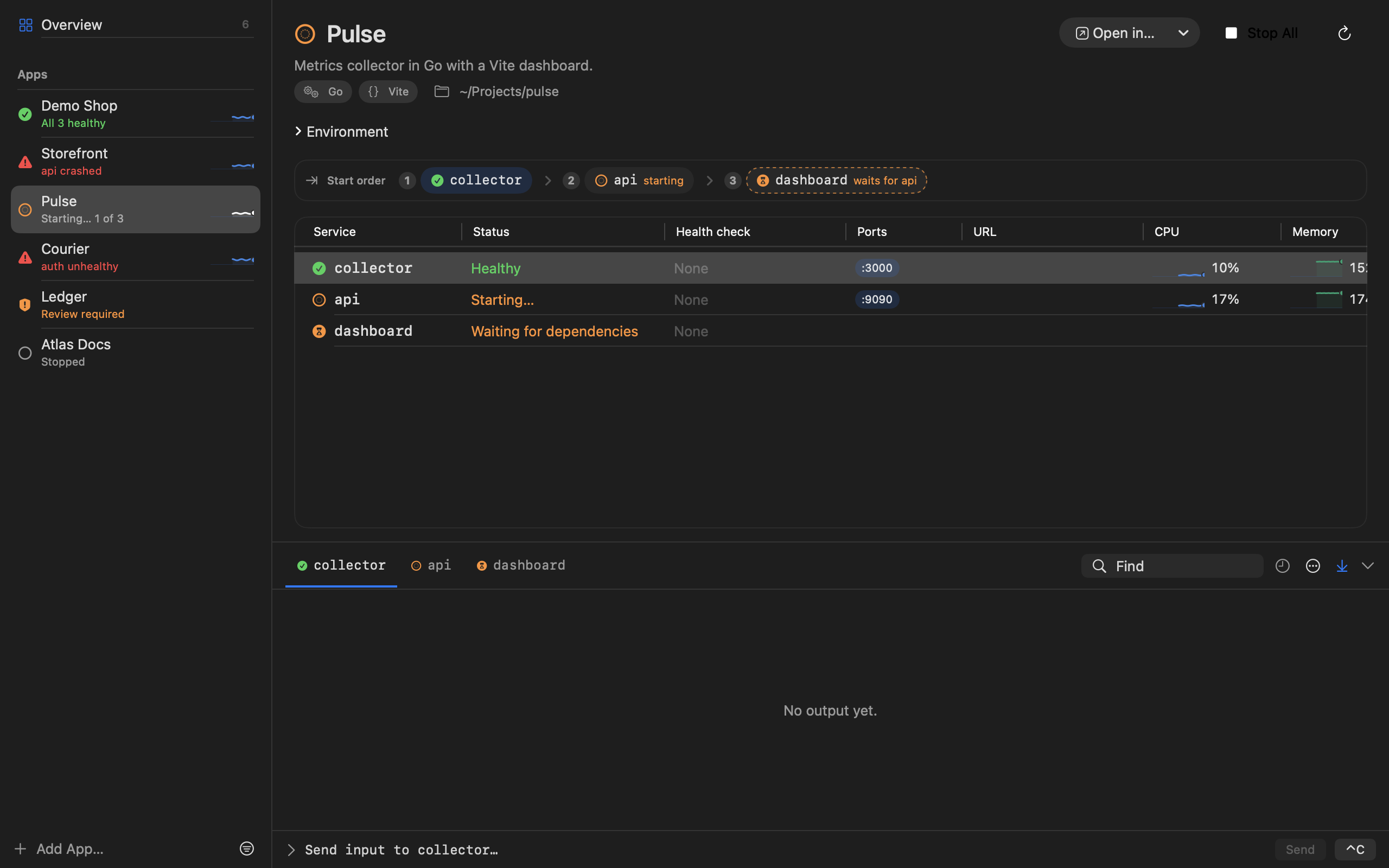 Homeport starting Pulse in stages, with collector healthy, api starting and dashboard waiting for api.